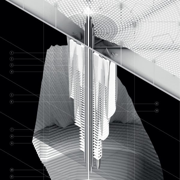Black and white visualisation render showing a student's work.