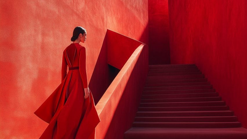 Image of a lady wearing a long red dress, walking up an entirely red staircase.