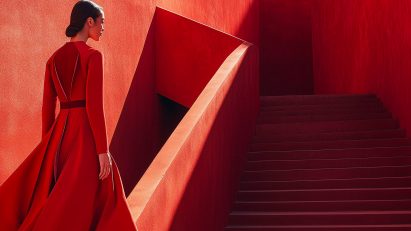 Image of a lady wearing a long red dress, walking up an entirely red staircase.