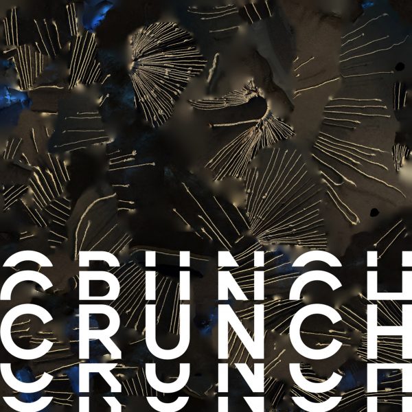 An image displaying abstract patterns in tones of brown and blue, with the word 'crunch' overlaid in white text.