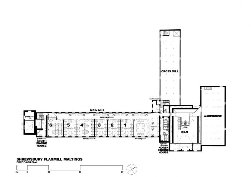 First floor plan of Shrewsbury Flaxmill Maltings by Feilden Clegg Bradley Studios