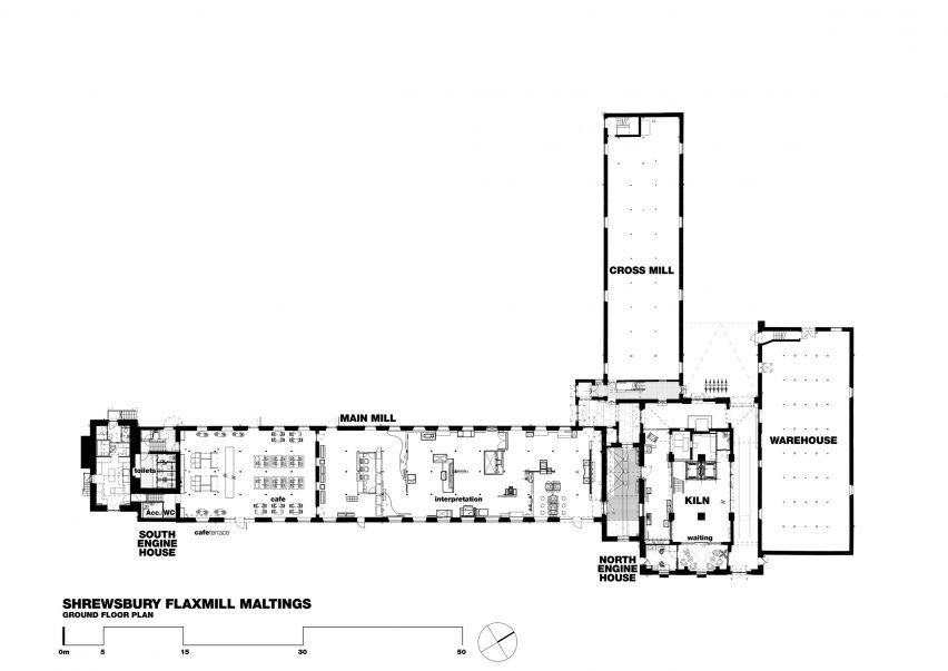 Ground floor plan of Shrewsbury Flaxmill Maltings by Feilden Clegg Bradley Studios