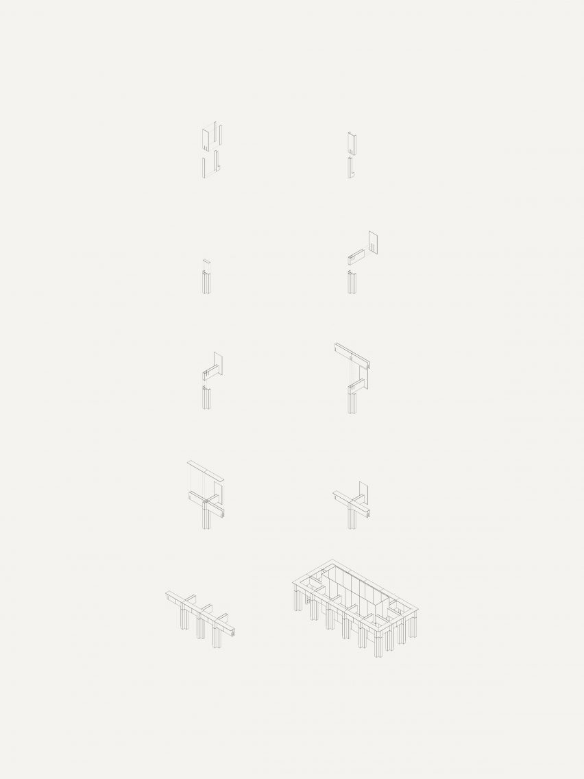 Construction exploded isometric of Forum des Vestiges by Pratique and Fanum