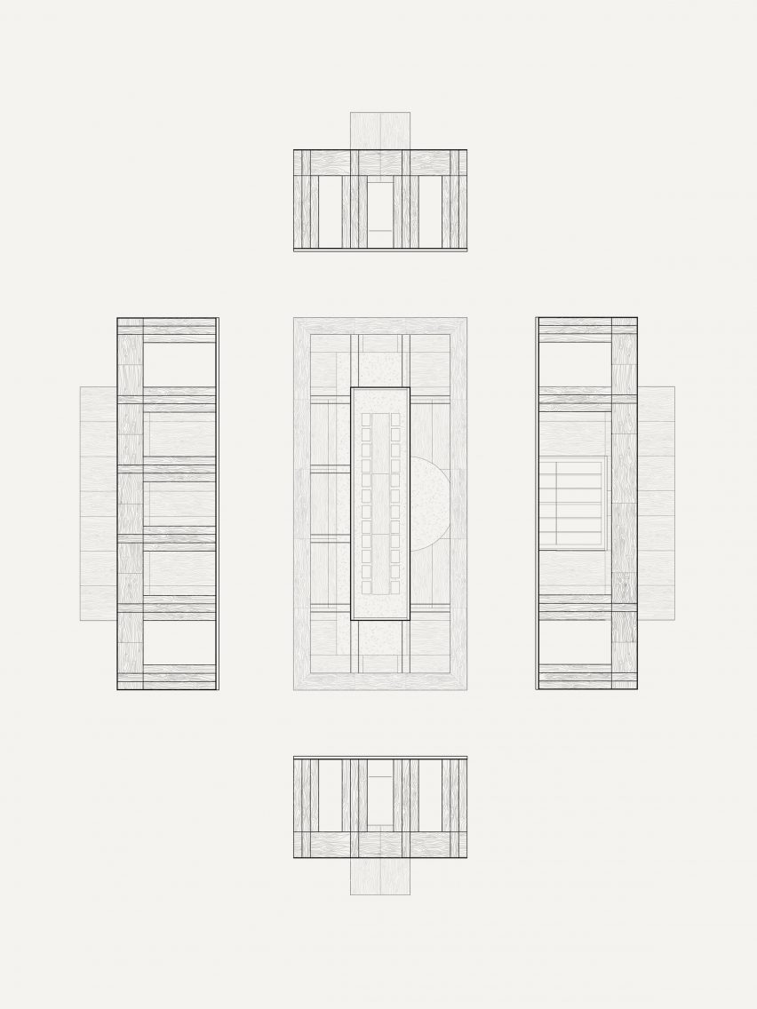 Upper plan section and elevations of Forum des Vestiges by Pratique and Fanum