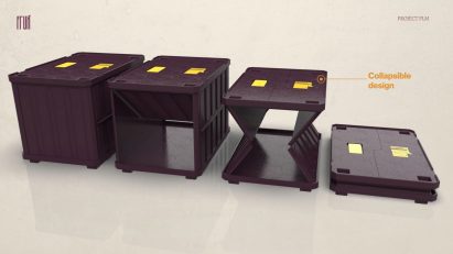 A visualisation of four reusable bins in tones of brown and yellow, against a beige background.