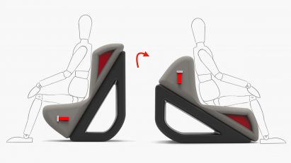 A visualisation of a chair designed to improve posture, in tone of black, grey and red, with a diagram of a person sat on it.
