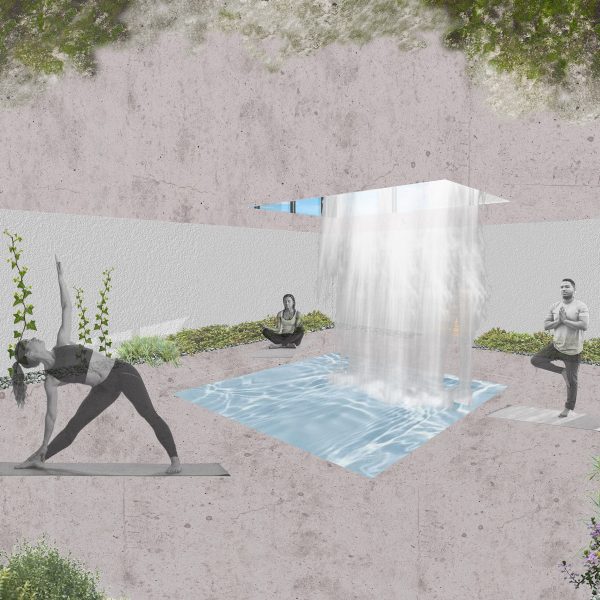 a visualisation of an outdoor space with a waterfall feature. There are figures in the space