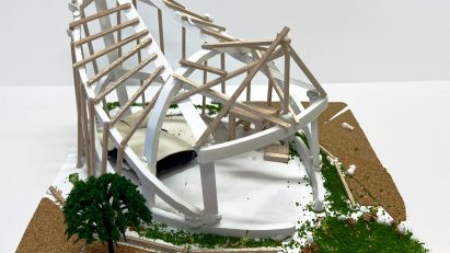 Rendering of a wooden model of Hideaway House by Alexander Zhang