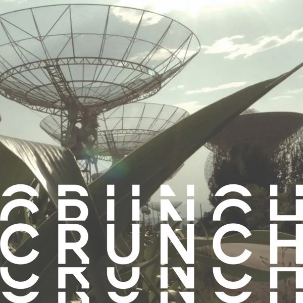 A photograph of a satellite dish behind a plant, with distorted white text over it reading 'crunch'.