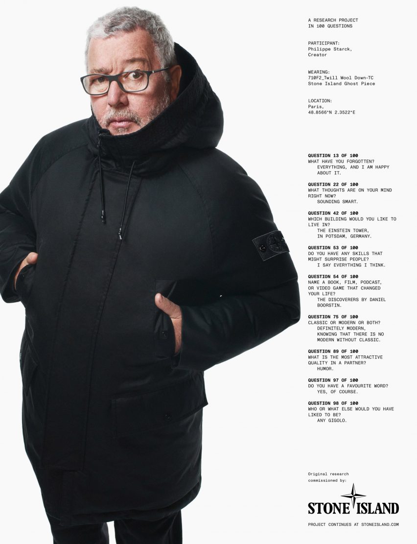 Philippe Starck modelling for Stone Island's Ghost collection