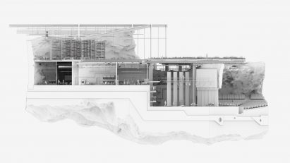 A visualisation of a building in tones of black and white against a white backdrop.