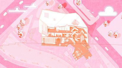 A visualisation from above of a building in tones of orange, with a pink background surrounding it.