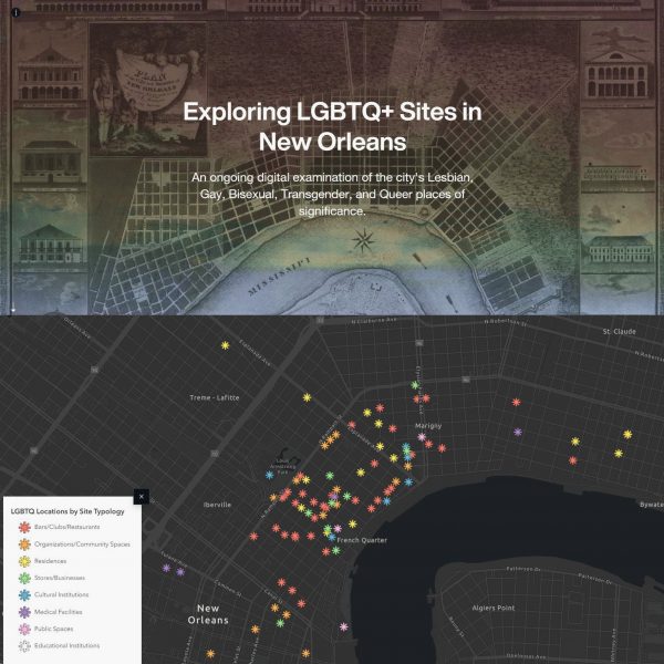 A black digital map of New Orleans showing its different LGBTQ+ sites, colour-coded in different colours of red, orange, yellow, green, blue, purple, pink and white. Above the map is an image of a vintage map illustration overlaid in rainbow colours and white text.