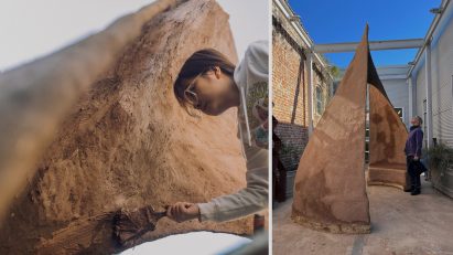 Two photographs adjacent to one another; one showing a person painting a curved brown clay structure, the other showing a person looking at a curved brown clay structure.
