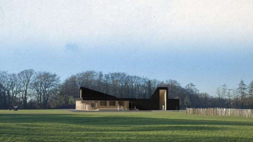 A visualisation of a cricket pavilion in tones of brown and black, situated in a green field with a blue sky above.