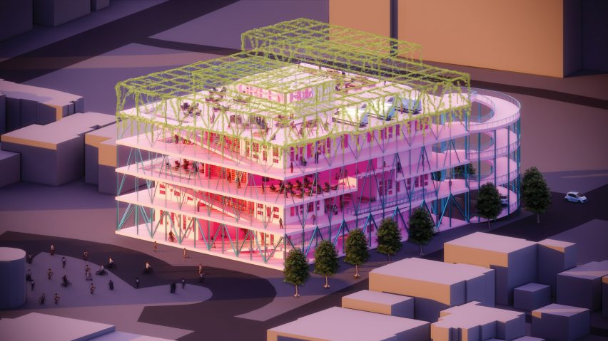 a visualisation of a building design in tones f pink, purple and green