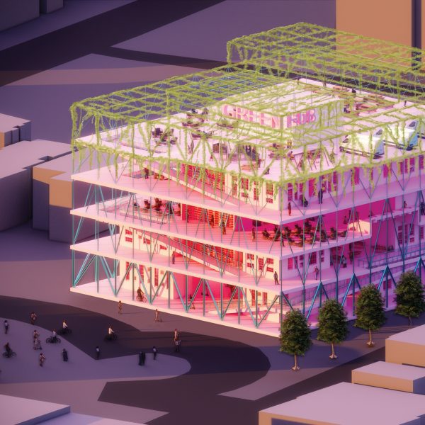 a visualisation of a building design in tones f pink, purple and green
