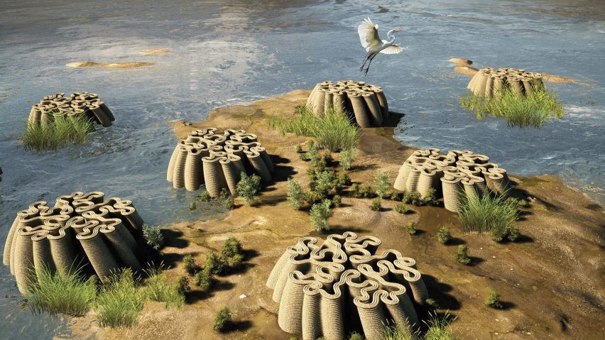 a visualisation of a landscape by a body of water