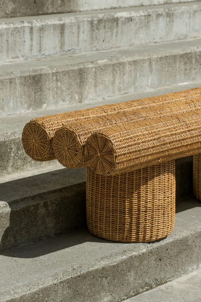 Close-up photograph of a bench that has been woven from yaré.