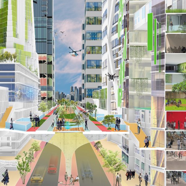 Architectural visualisation of a colourful landscape.