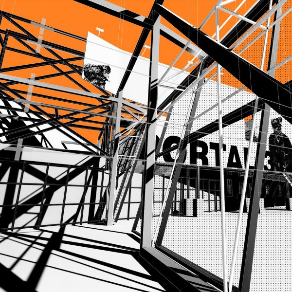 Architectural visualisation showing a metal structural framework.