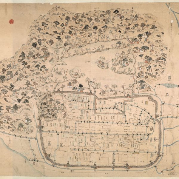 Photograph showing a map of a city.