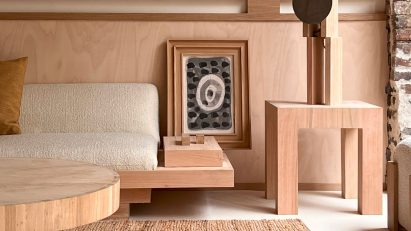 Close-up photograph of wooden furnishings in the lounge.
