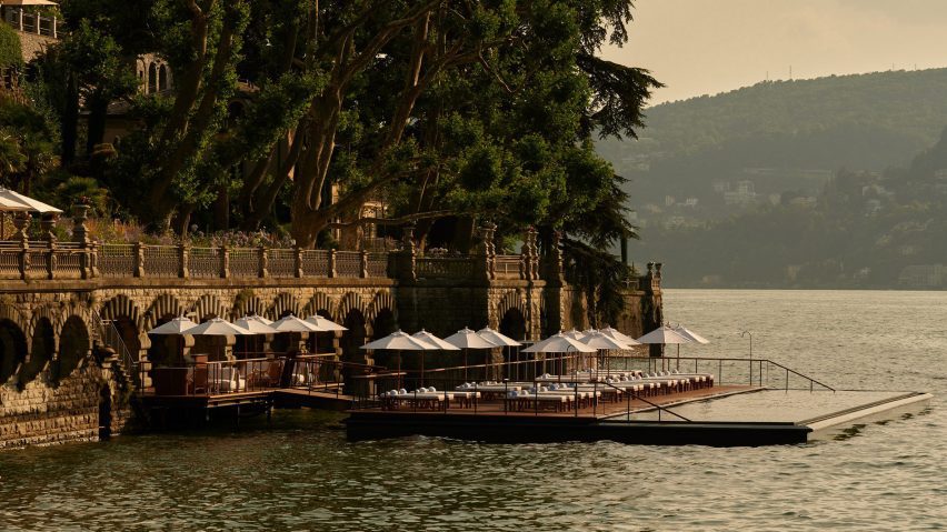 Photograph of an infinity pool that blends into Lake Como in Italy.
