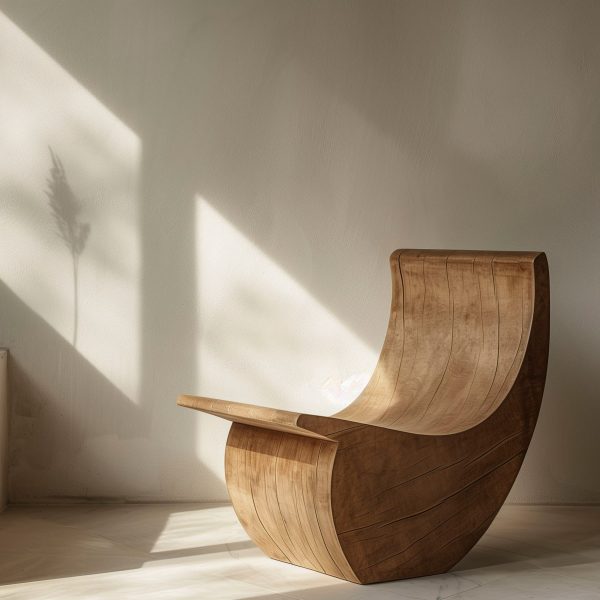 Photograph of a curved seat made from wood against a white backdrop.