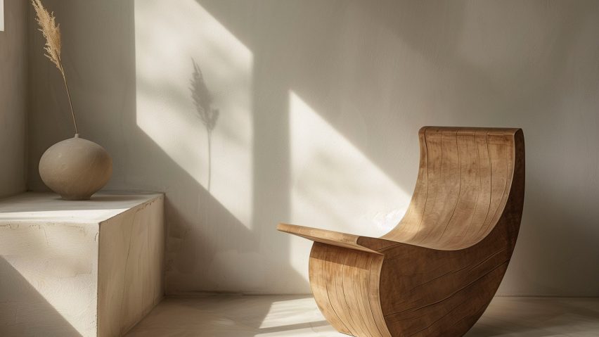 Photograph of a curved seat made from wood against a white backdrop.