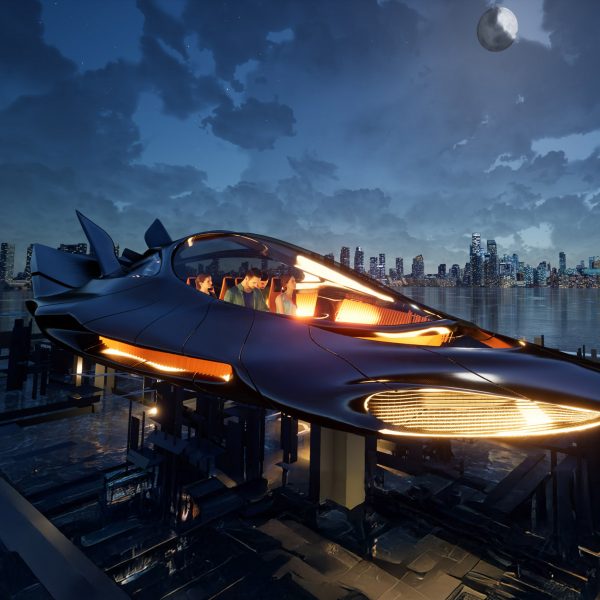 A visualisation of an aircraft vehicle in tones of orange and blue, above a cityscape in at night in tones of dark blue.