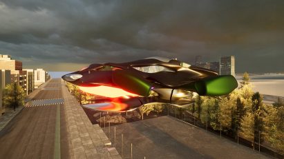 A visualisation of an aircraft in tones of green and orange, flying above a grey road.