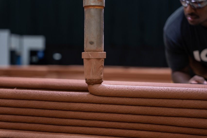 Close-up of the Mars Dune Alpha Habitat prototype 3D-printing process