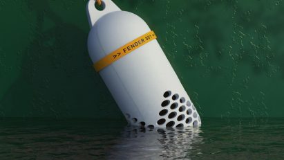 Close up of Bio-Fender by Rehan Petit attached to a boat in water