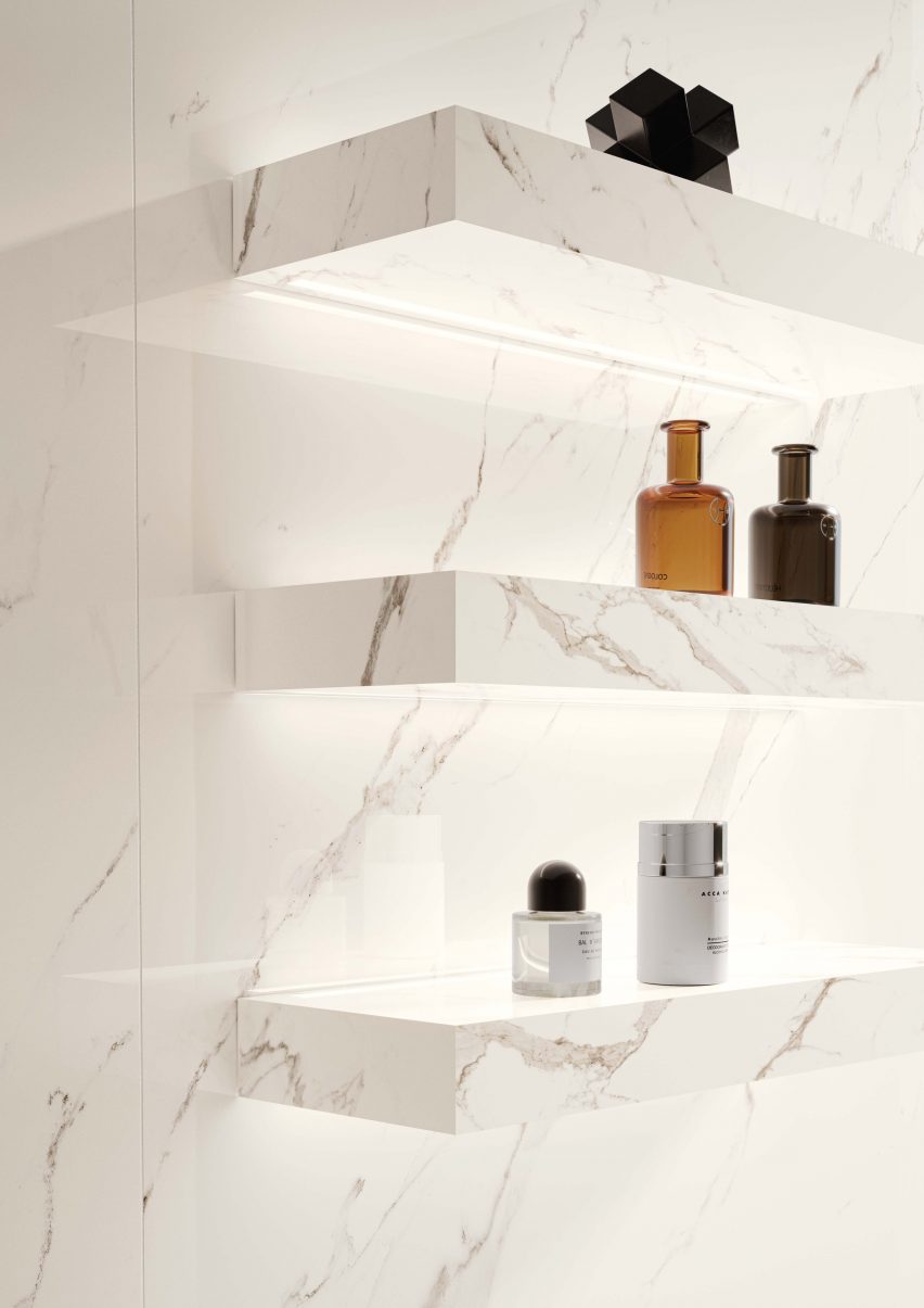 White marble effect shelves from Casalgrande Padana's Aquatio collection