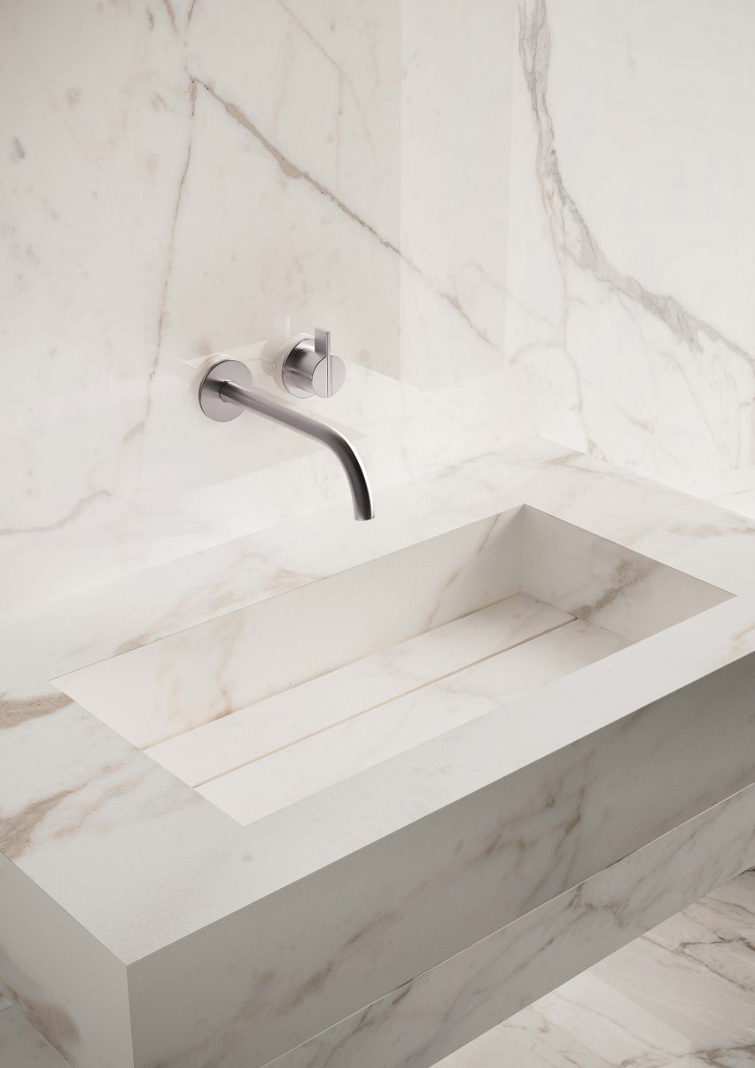 Single basin in white marble effect from Casalgrande Padana's Aquatio collection