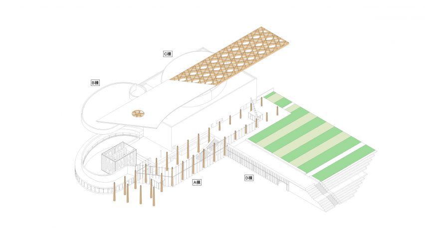 Isometric drawing of Toyota City Museum by Shigeru Ban