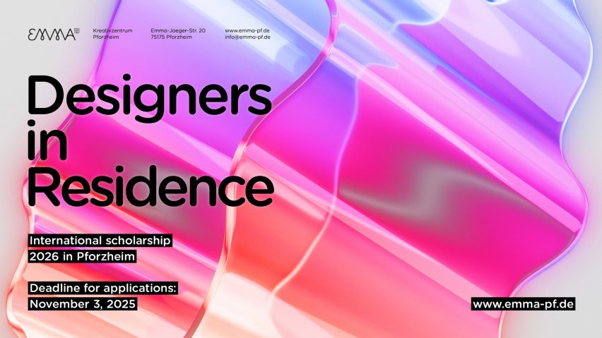 a poster in tones of pink and purple advertising a design residency course