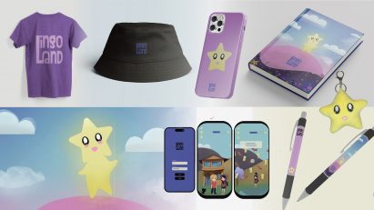 A series of images presenting an app design and its branding, displayed across images of a t-shirt, a hat, a phone and a notebook and pens, in tones of blue, purple and yellow.
