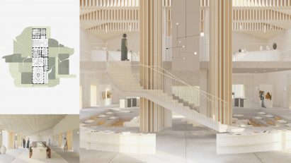 A visualisation of a mental health centre in tones of white and brown, with a large staircase in its centre and people in the space.