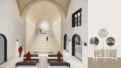 A visualisation of a wellness centre in tones of white, black and brown. There are red figures in the space on brown seating, and black-framed windows on the walls.