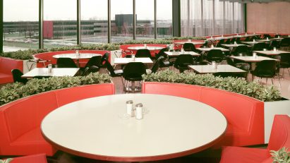 Historical photo of design cafe at GM headquarters