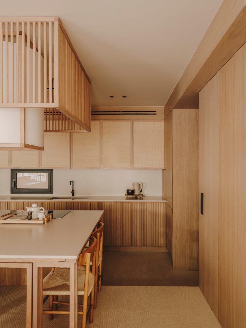 Kitchen island and wood elements in apartment