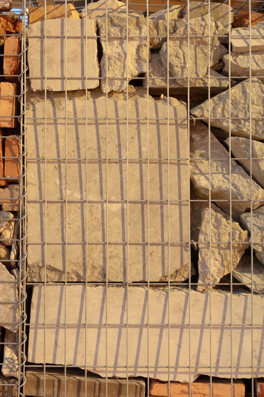 Close view of rubble walls in No Time to Waste pavilion