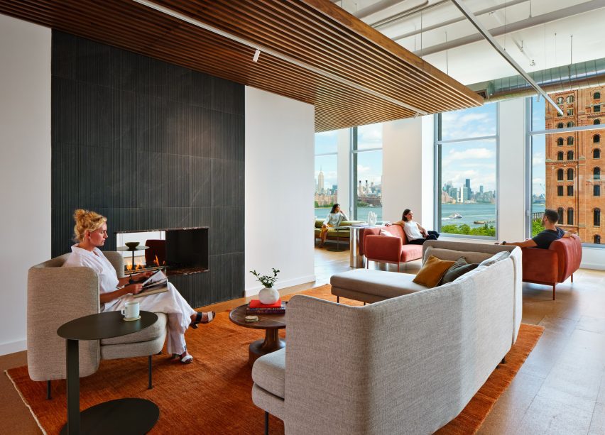 Lobby with red and grey chairs