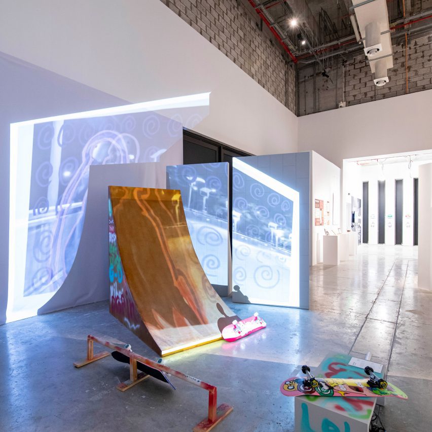 a photograph of a ramp with a projection over it