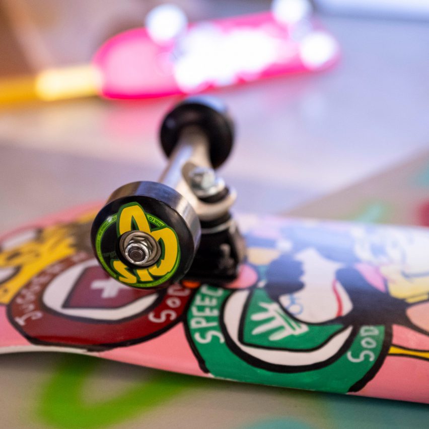 a photograph of a painted skateboard