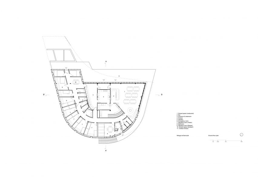 Ground floor plan of Refuge de Barroude by Snøhetta