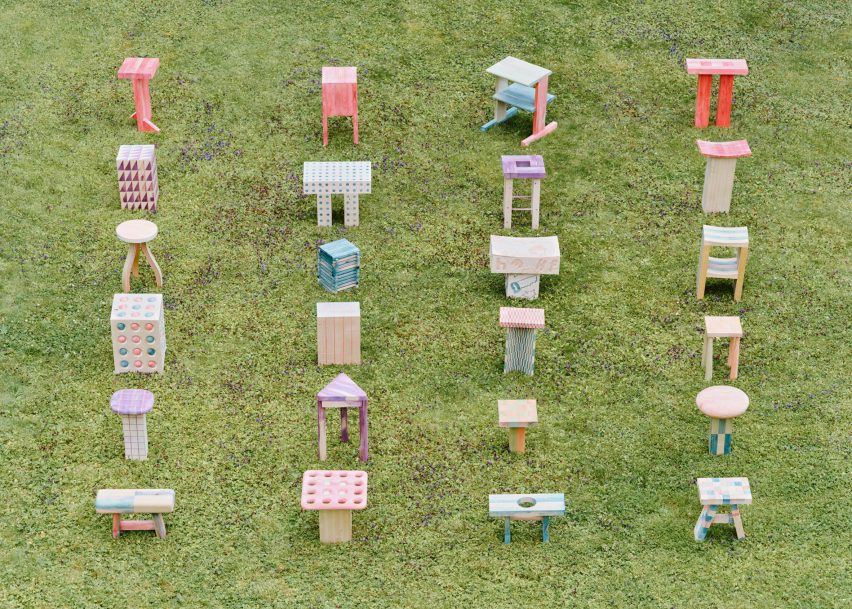 Roggbif stools by Studio Sløyd featuring through-coloured wood on grass