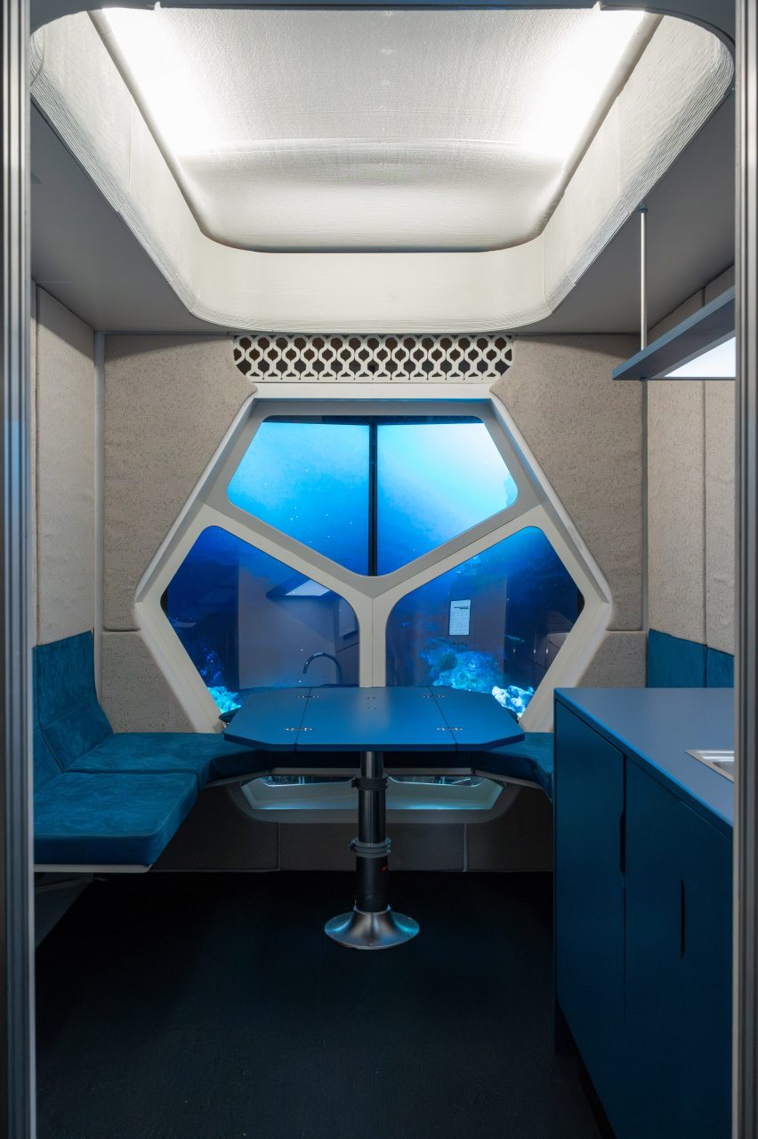Interior shot of the kitchen of SAGA's shipping container moon habitat
